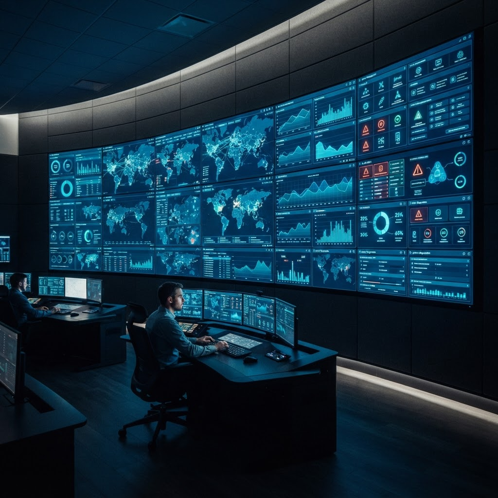 Unified operations portal command wall showing dashboards, tasks, alerts and apps